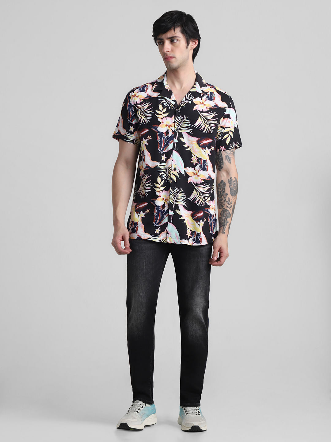 Black Floral Short Sleeves Shirt