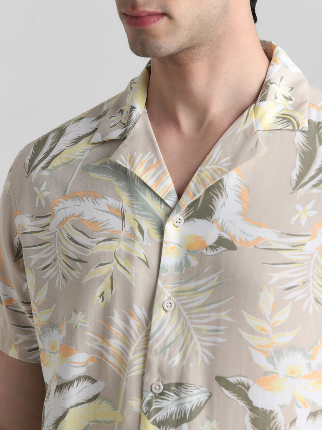 Beige Floral Short Sleeves Shirt