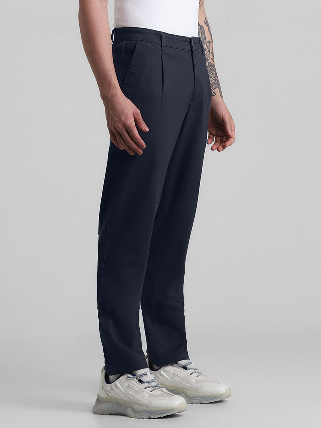 Navy Blue Mid Rise Pleated Chinos