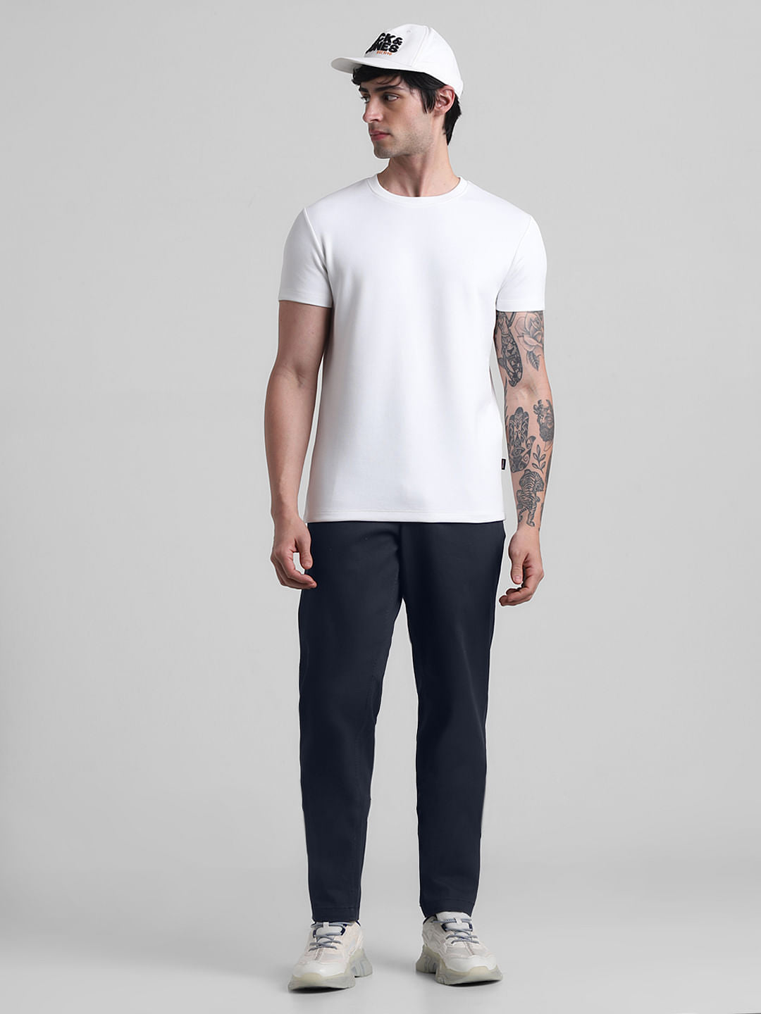 Navy Blue Mid Rise Pleated Chinos