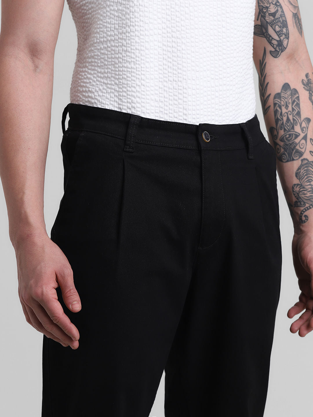 Black Mid Rise Pleated Chinos