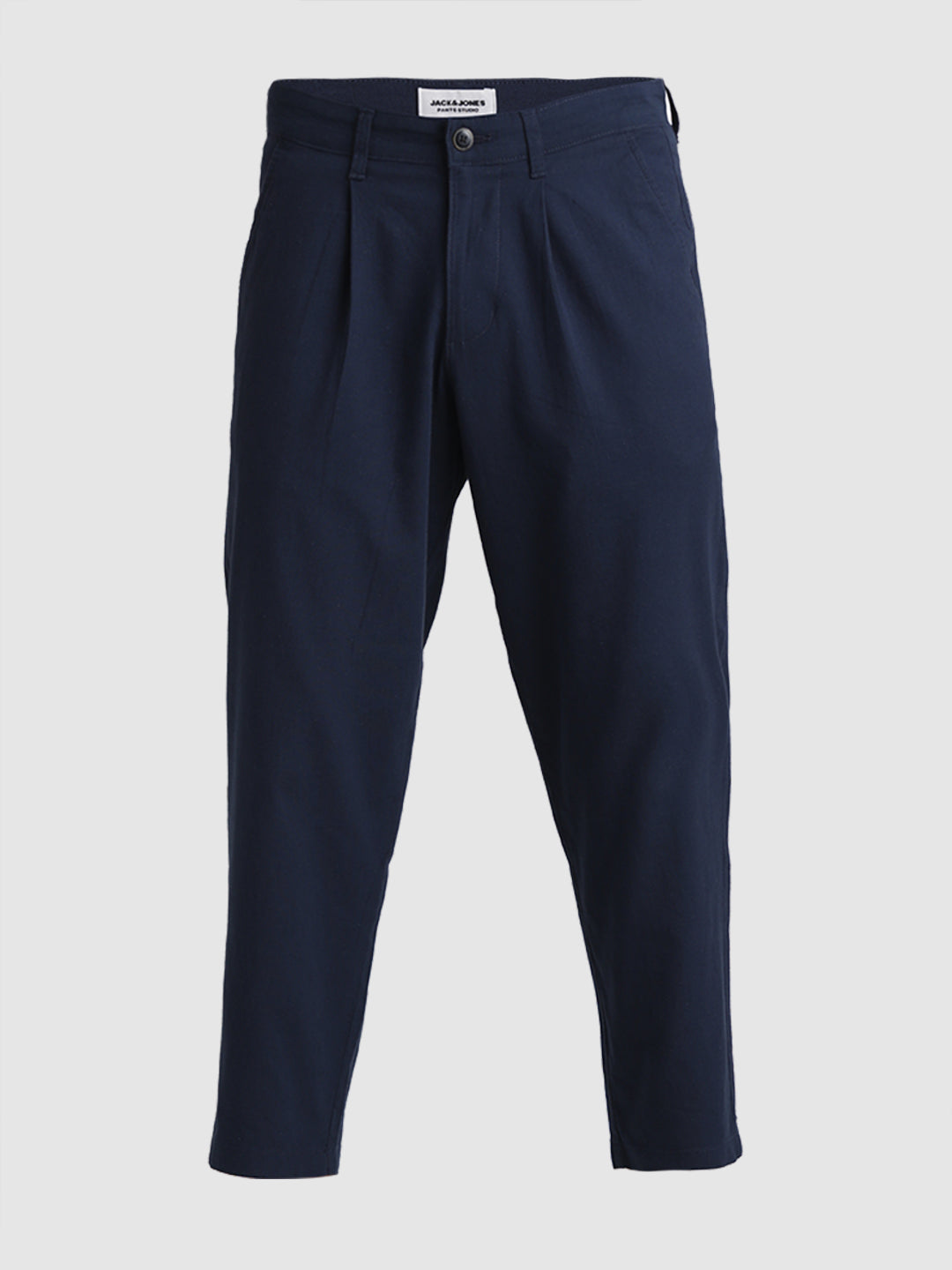 Men's Navy Blue Cotton-Linen Pleated Tapered Cropped Trousers