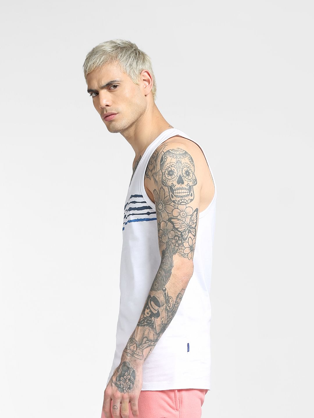 White Printed Sleeveless T-shirt