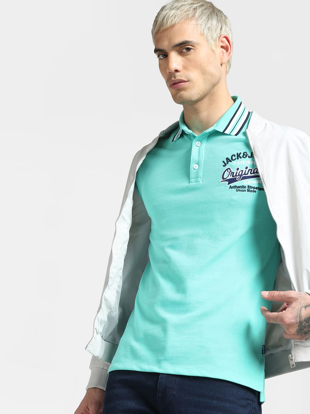 Blue Contrast Tipping Polo Neck T-shirt