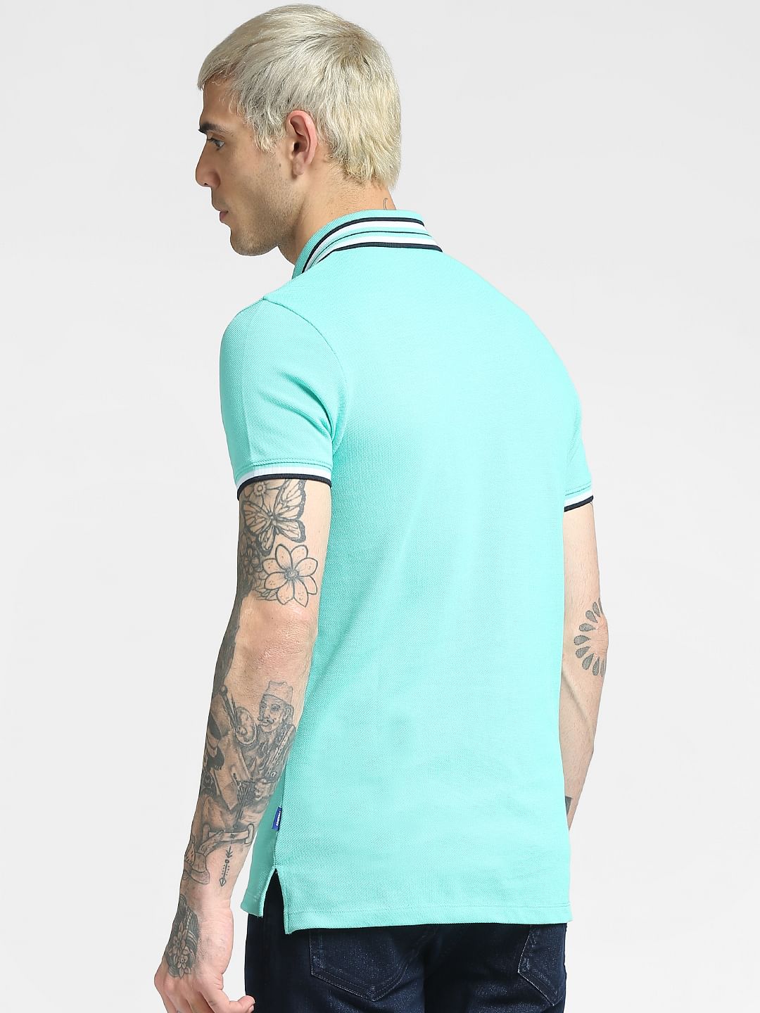 Blue Contrast Tipping Polo Neck T-shirt