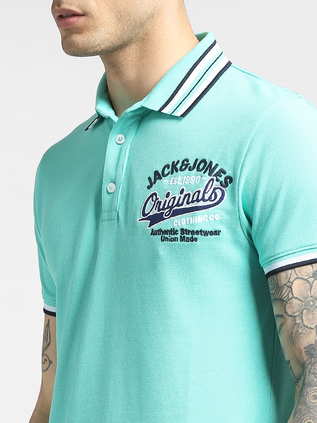 Blue Contrast Tipping Polo Neck T-shirt