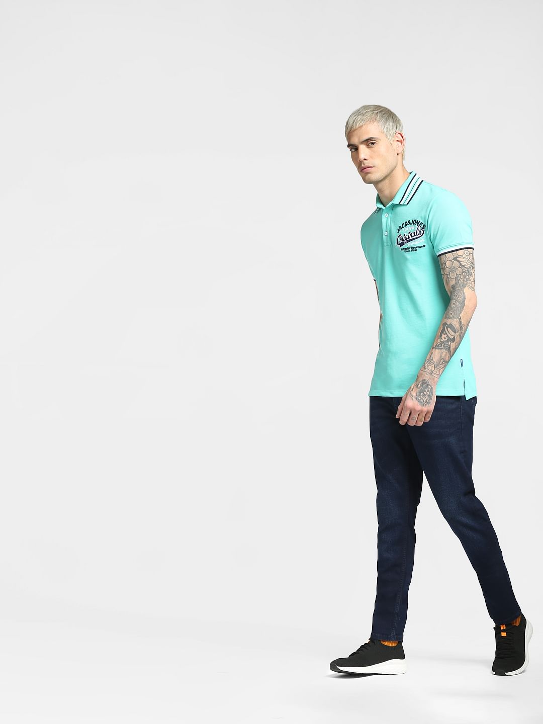 Blue Contrast Tipping Polo Neck T-shirt