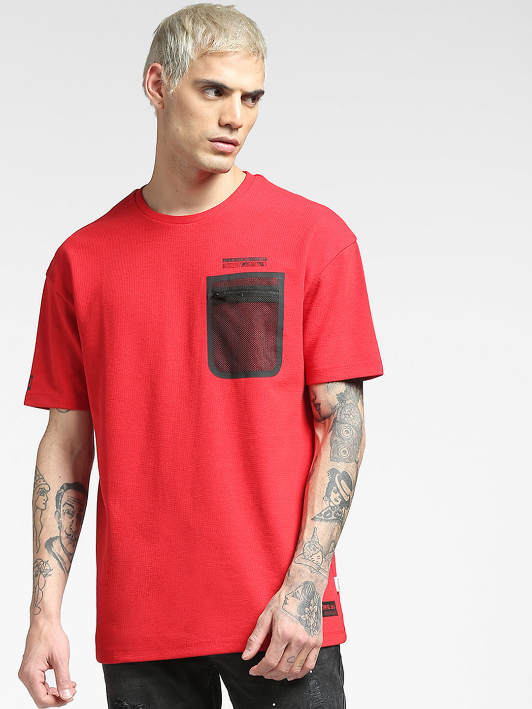 Red Pocket Detail Crew Neck T-shirt