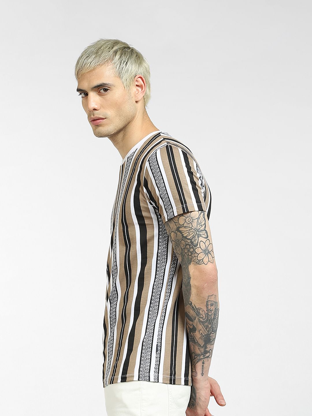 Beige Vertical Stripe T-shirt