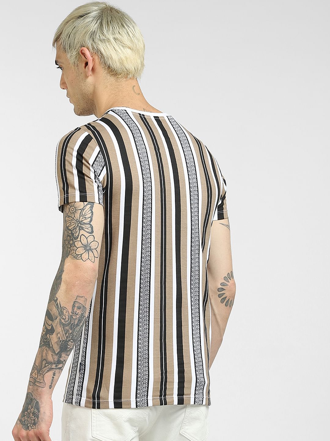 Beige Vertical Stripe T-shirt