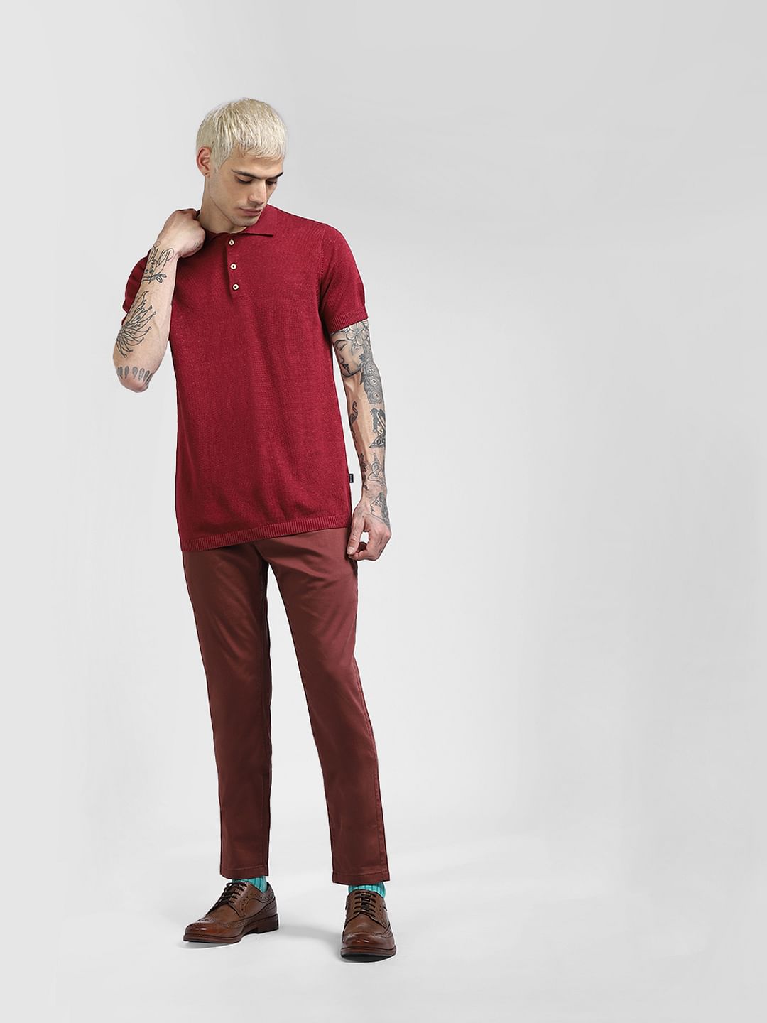 Red Knitted Polo Neck T-shirt