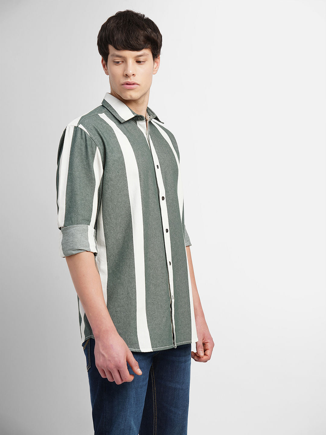 White & Green Striped Full Sleeves Shirt