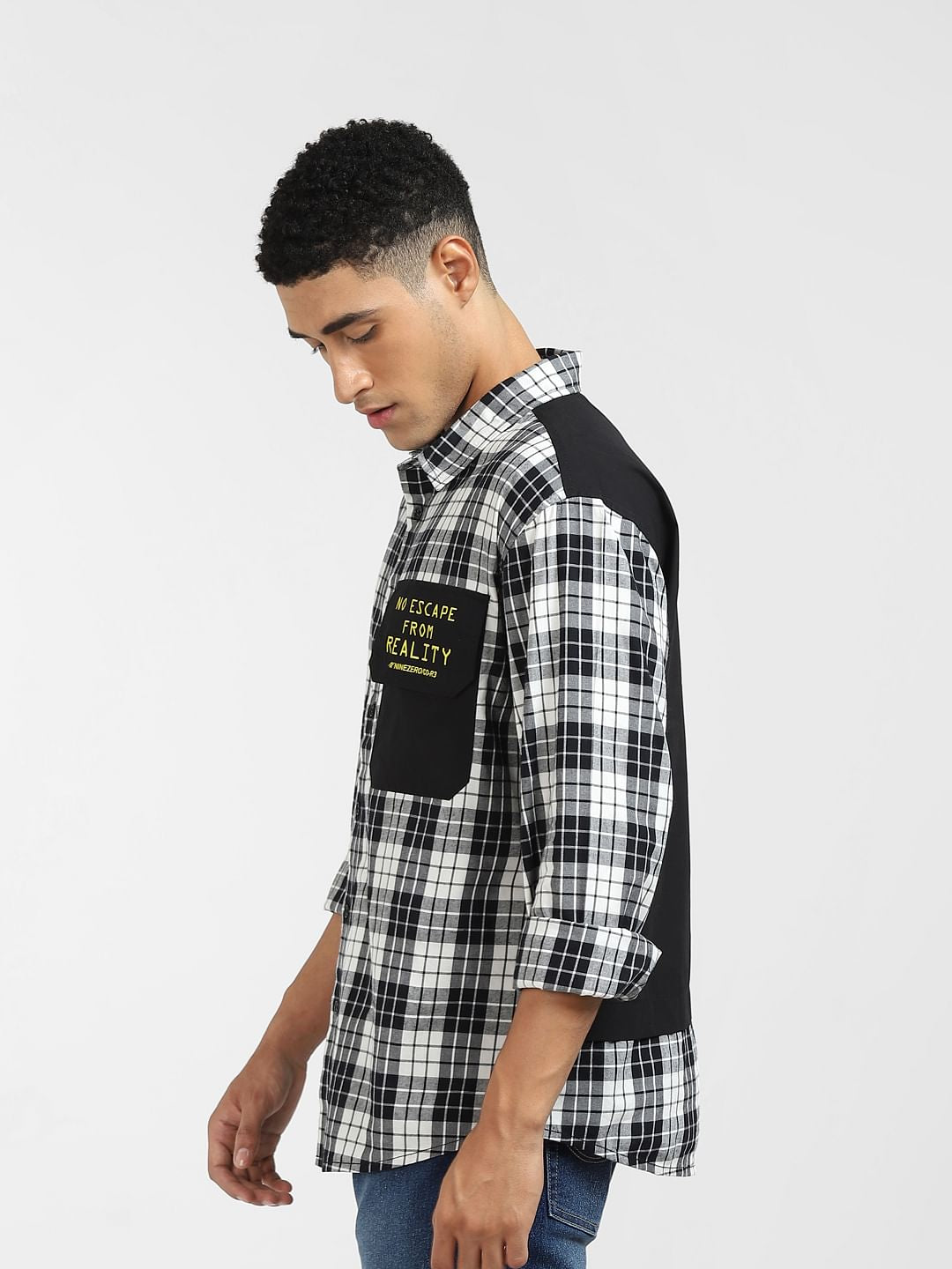Black Cut & Sew Oversized Check Shirt