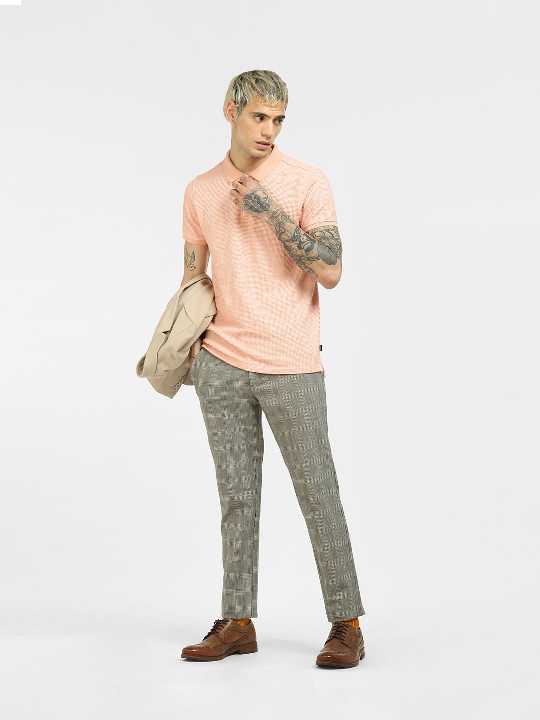Grey Mid Rise Check Pants