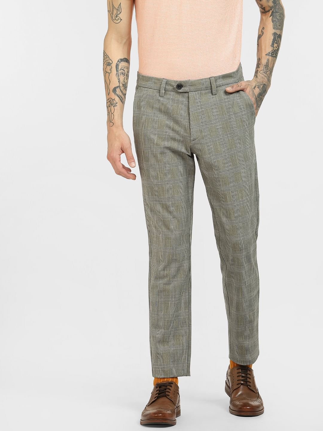 Grey Mid Rise Check Pants
