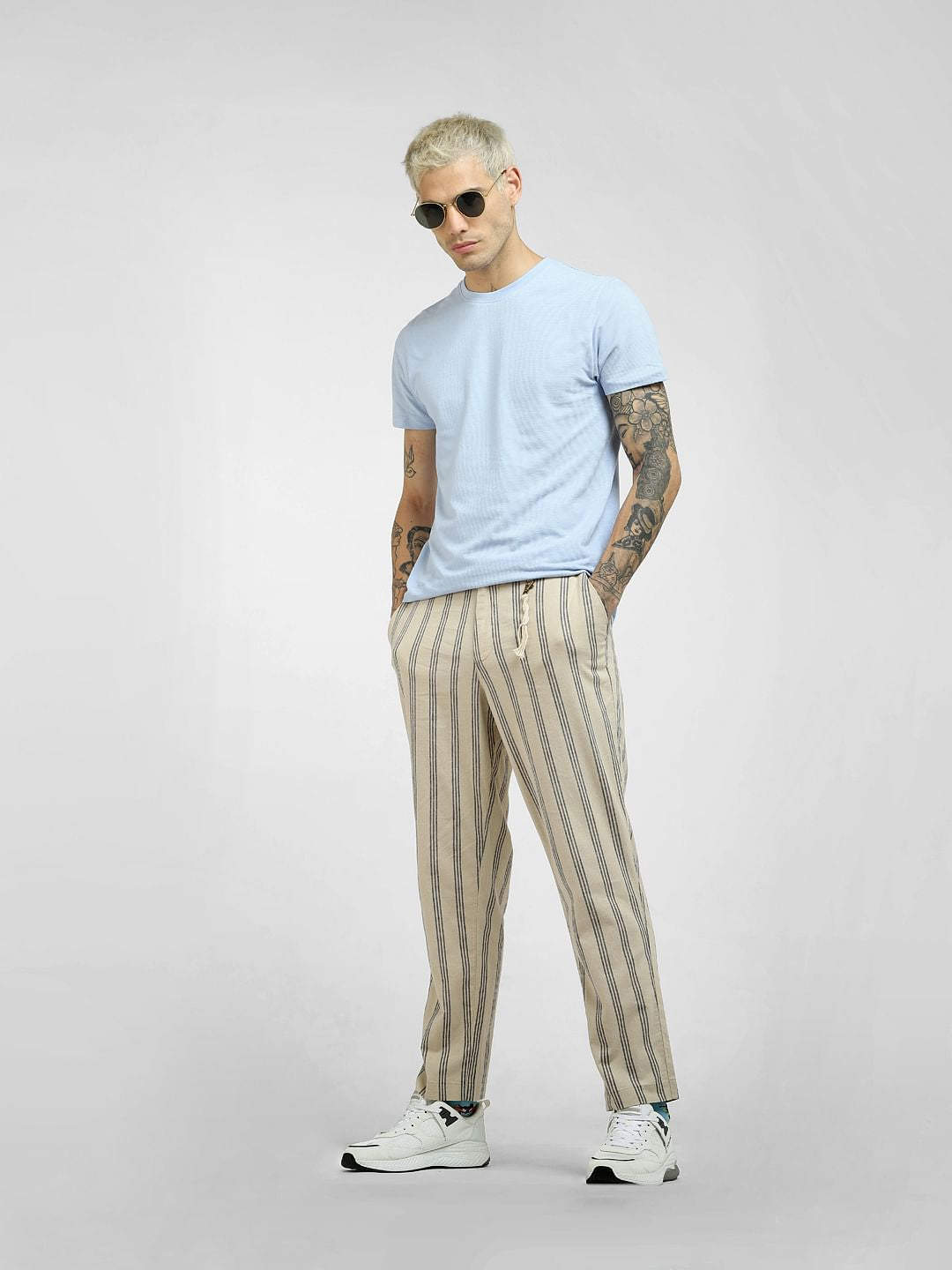 Beige Striped Pants