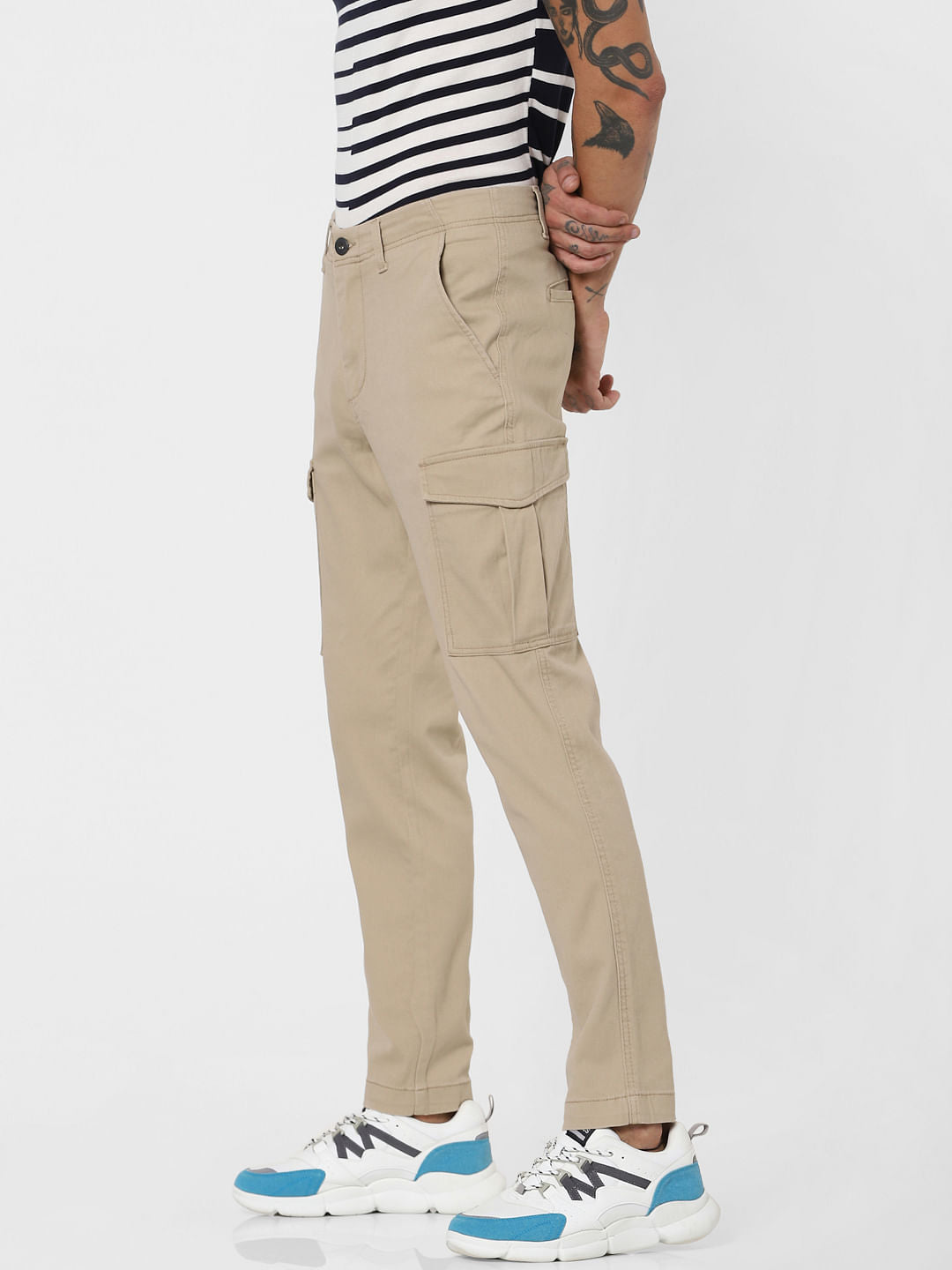 Beige Mid Rise Slim Fit Pants