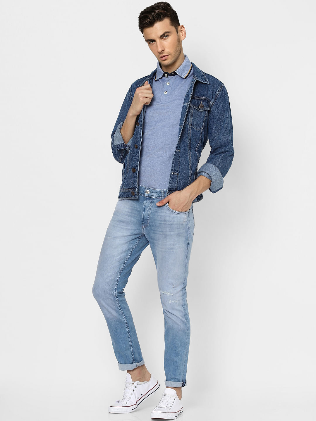 Blue Low Rise Organic Cotton Torn Slim Fit Jeans