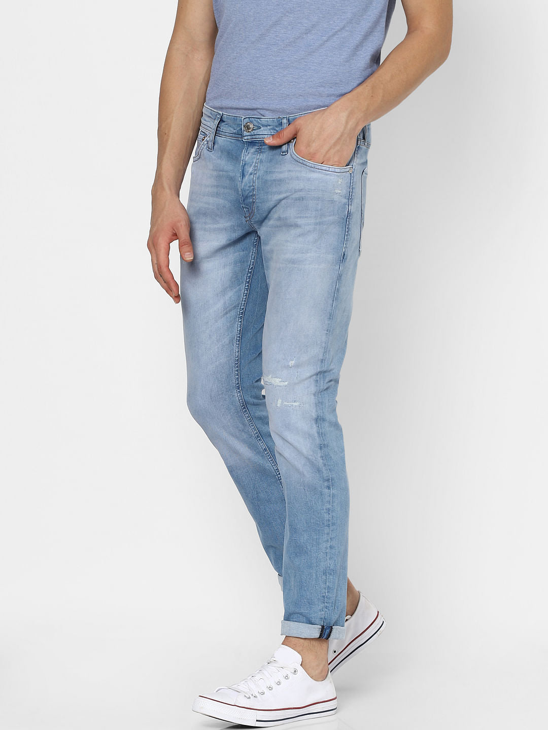 Blue Low Rise Organic Cotton Torn Slim Fit Jeans