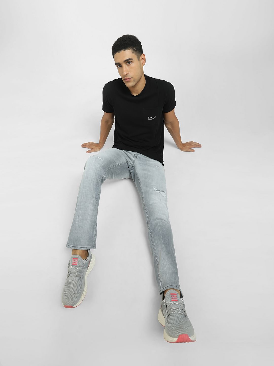 Grey Low Rise Distressed Tim Regular Jeans