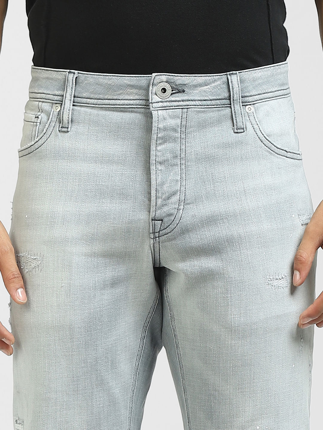 Grey Low Rise Distressed Tim Regular Jeans