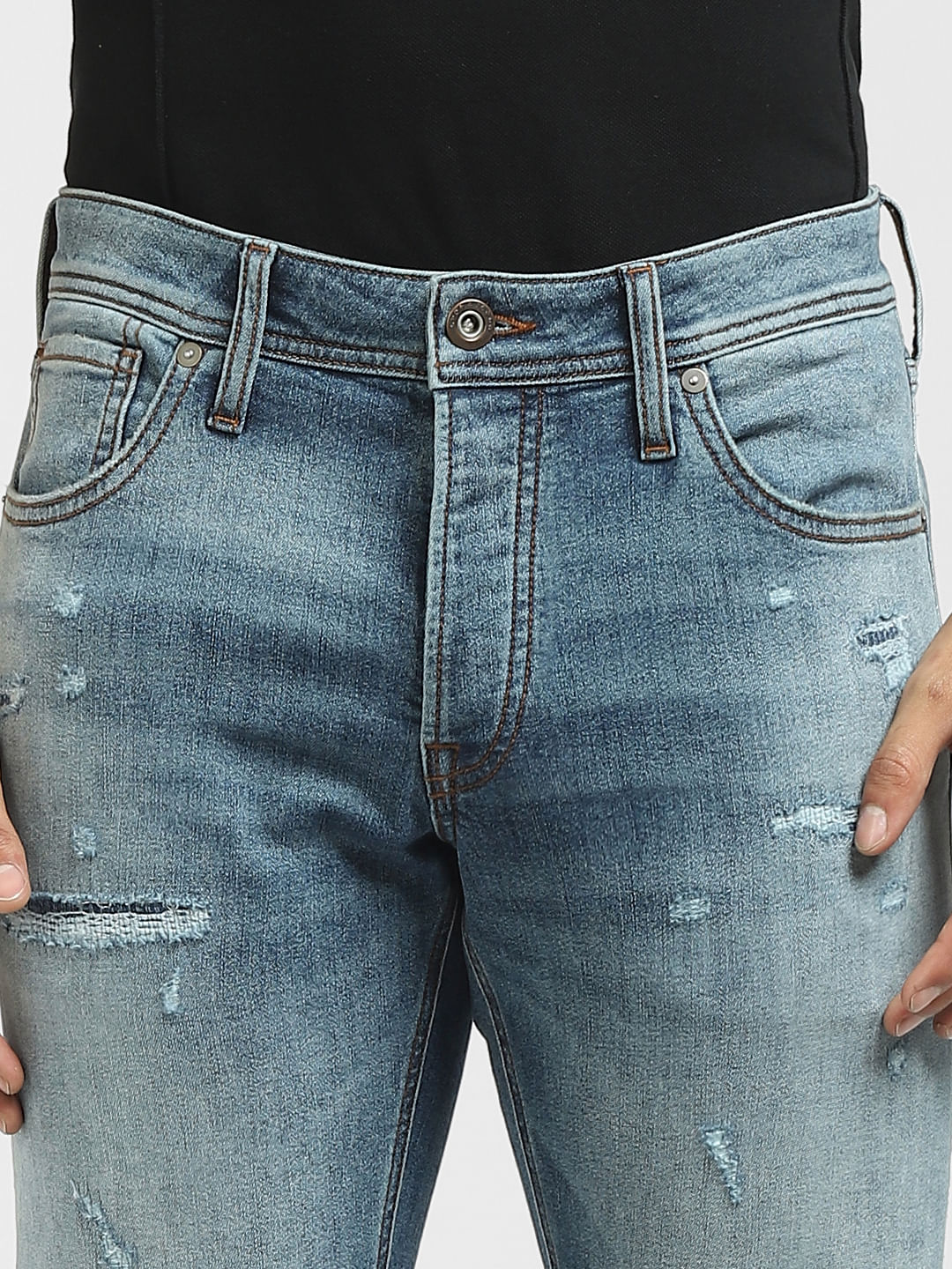 Blue Low Rise Patchwork Glenn Slim Jeans