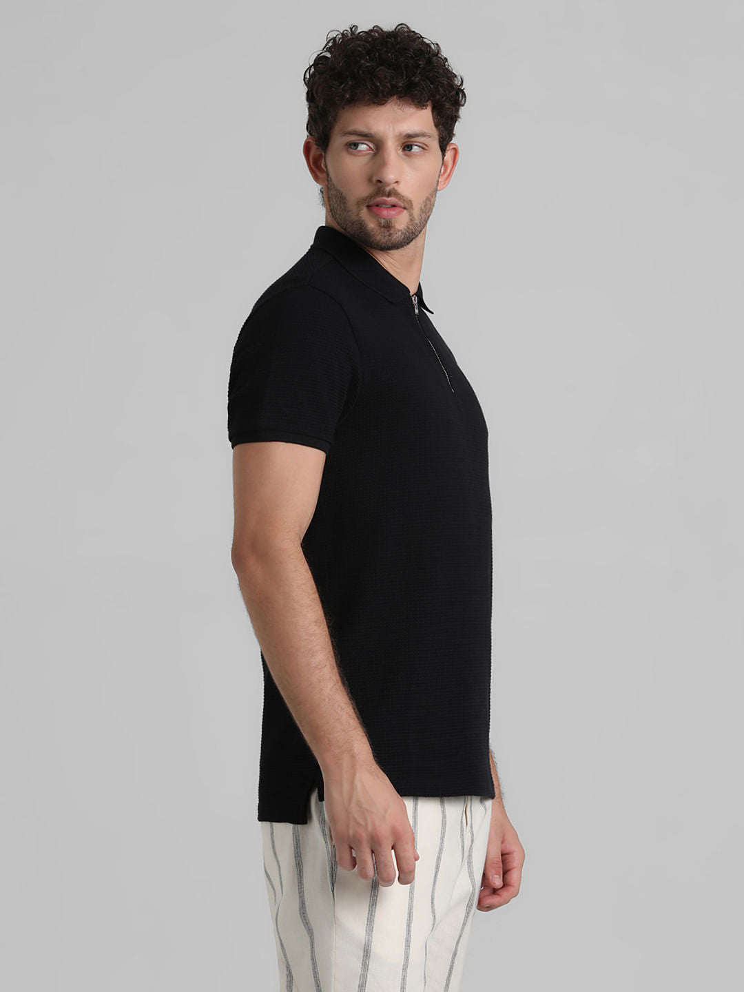 Black Zip-Up Jacquard Polo T-shirt