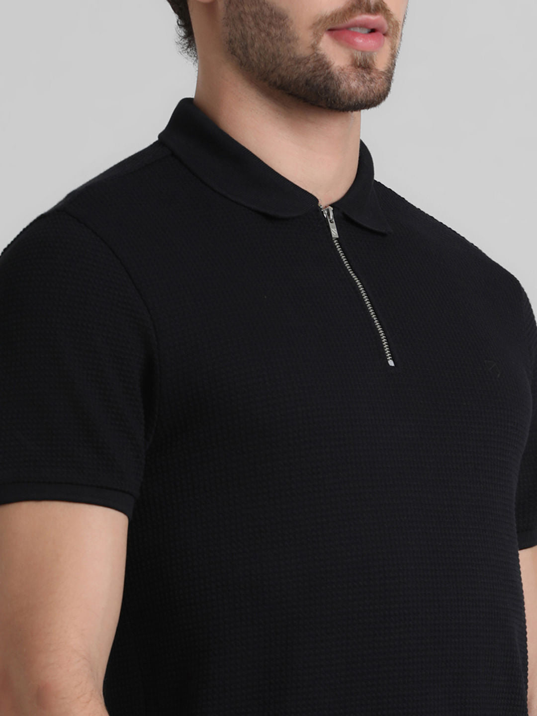 Black Zip-Up Jacquard Polo T-shirt
