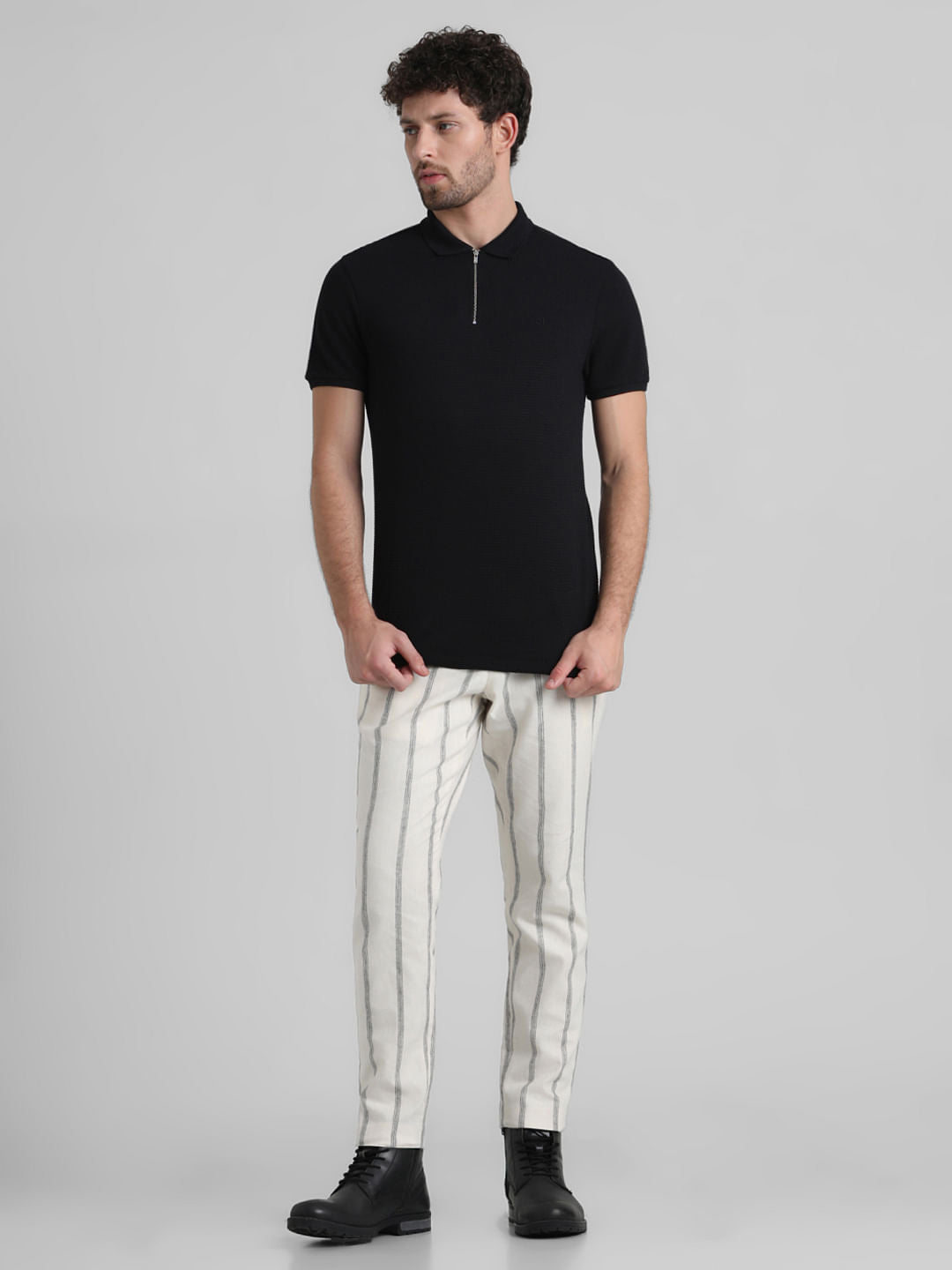 Black Zip-Up Jacquard Polo T-shirt