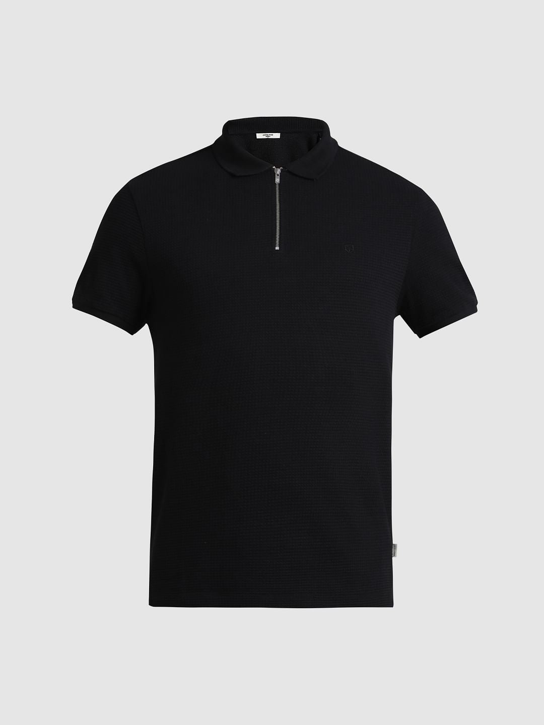 Black Zip-Up Jacquard Polo T-shirt