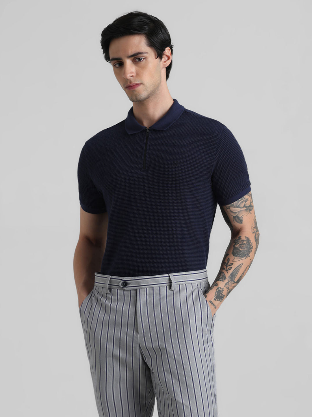 Dark Blue Zip-Up Jacquard Polo T-shirt