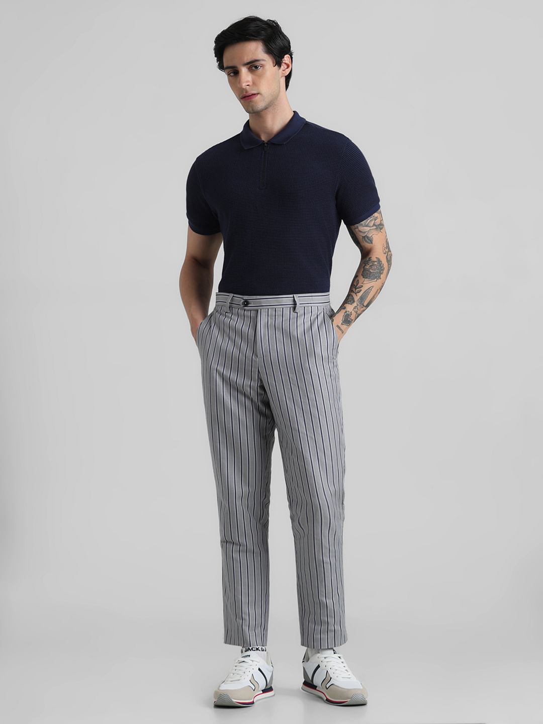 Dark Blue Zip-Up Jacquard Polo T-shirt