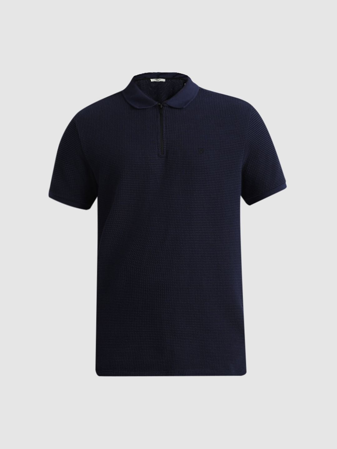 Dark Blue Zip-Up Jacquard Polo T-shirt