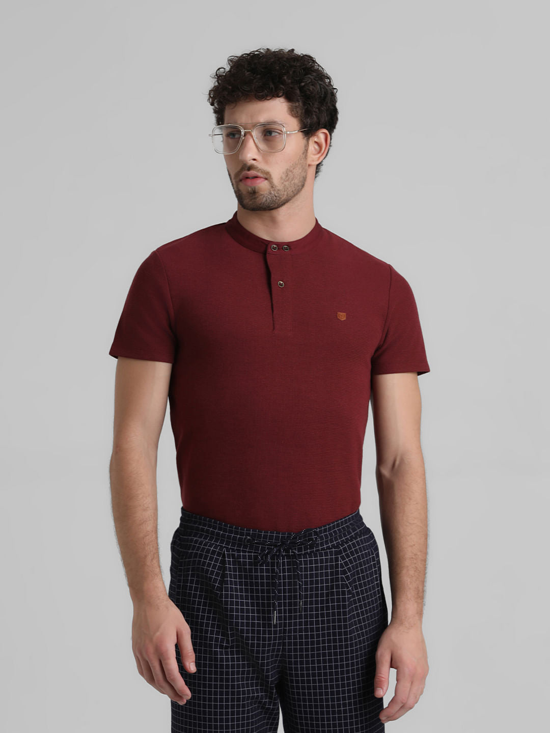 Dark Red Cotton Henley T-shirt