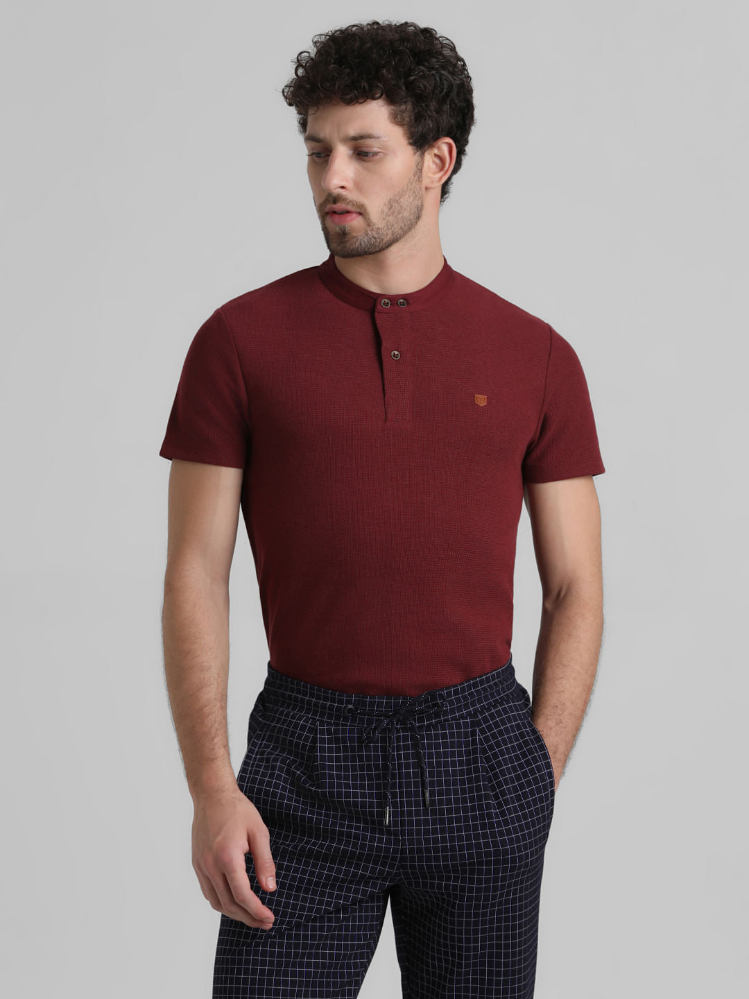 Dark Red Cotton Henley T-shirt