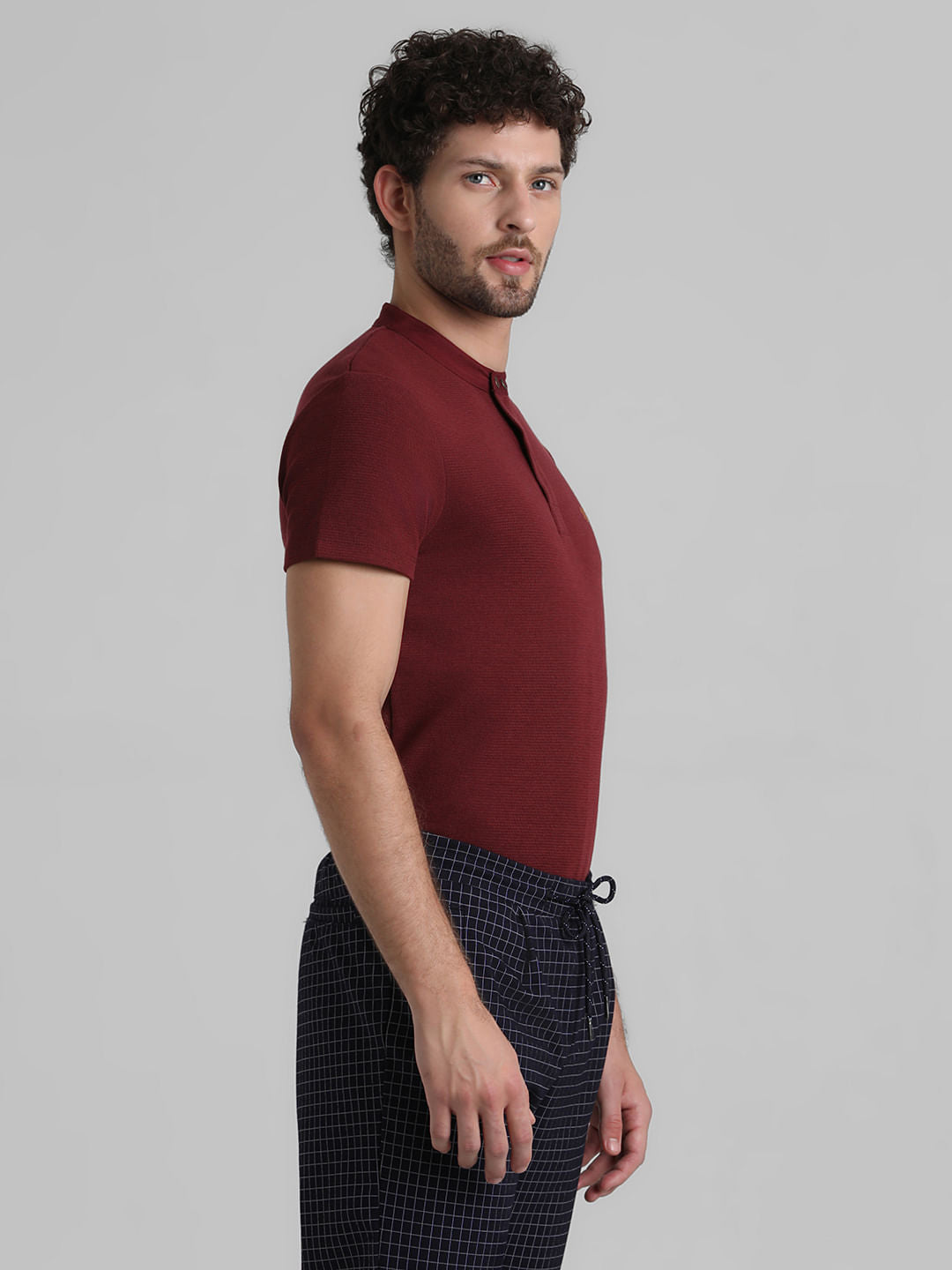 Dark Red Cotton Henley T-shirt