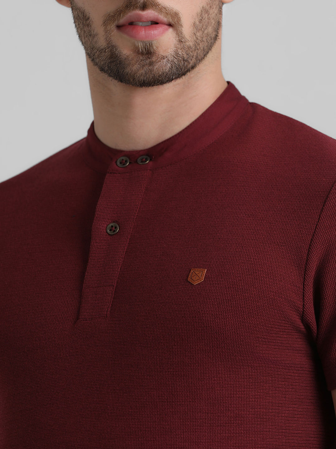 Dark Red Cotton Henley T-shirt