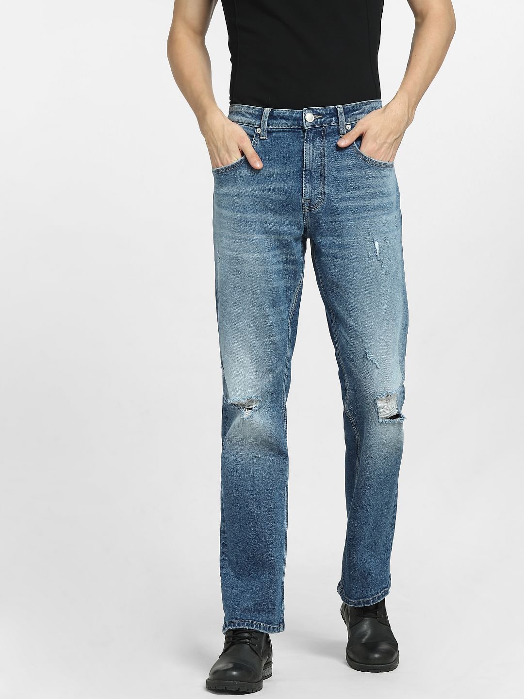Blue High Rise Distressed Bootcut Jeans