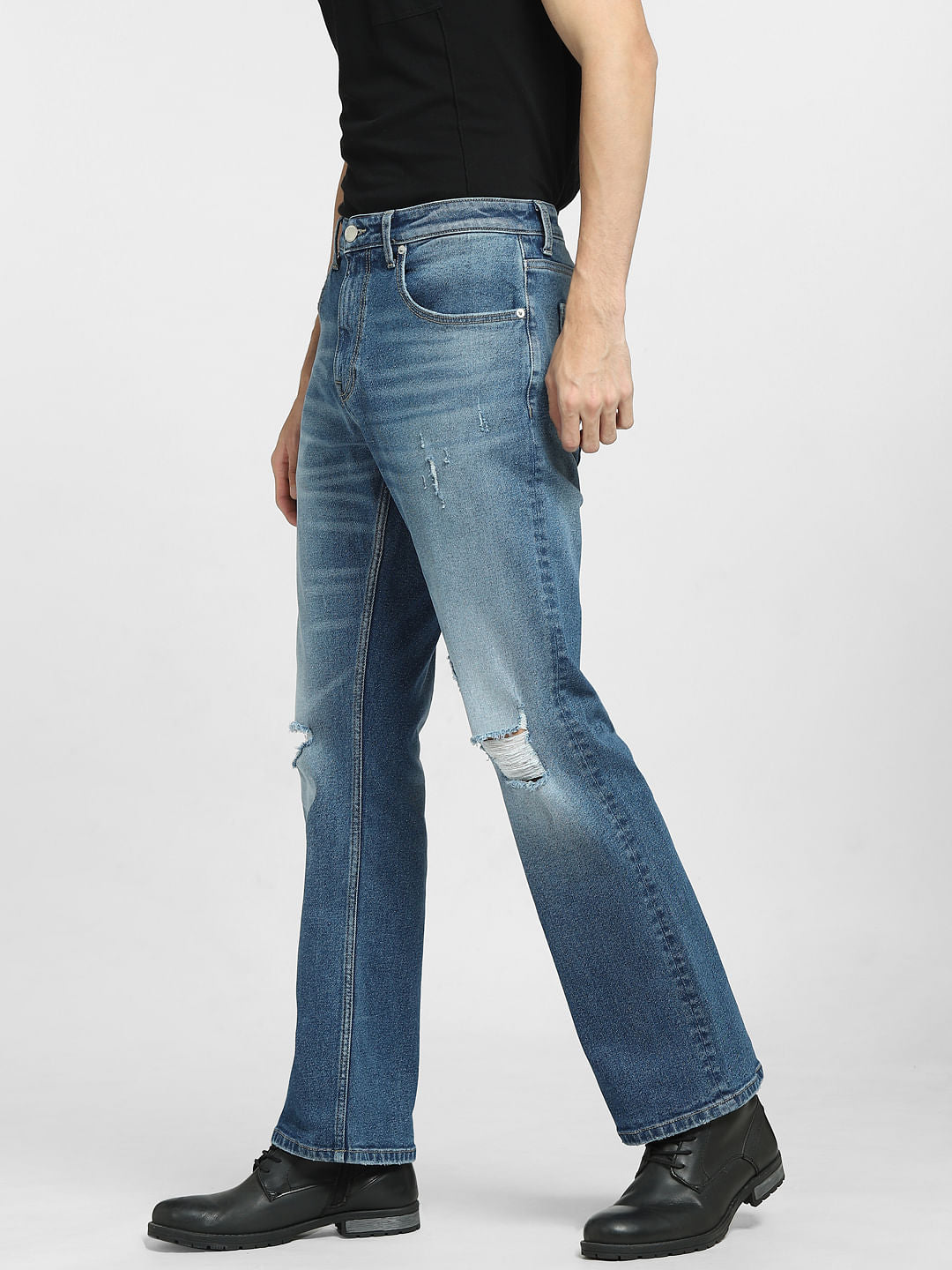 Blue High Rise Distressed Bootcut Jeans