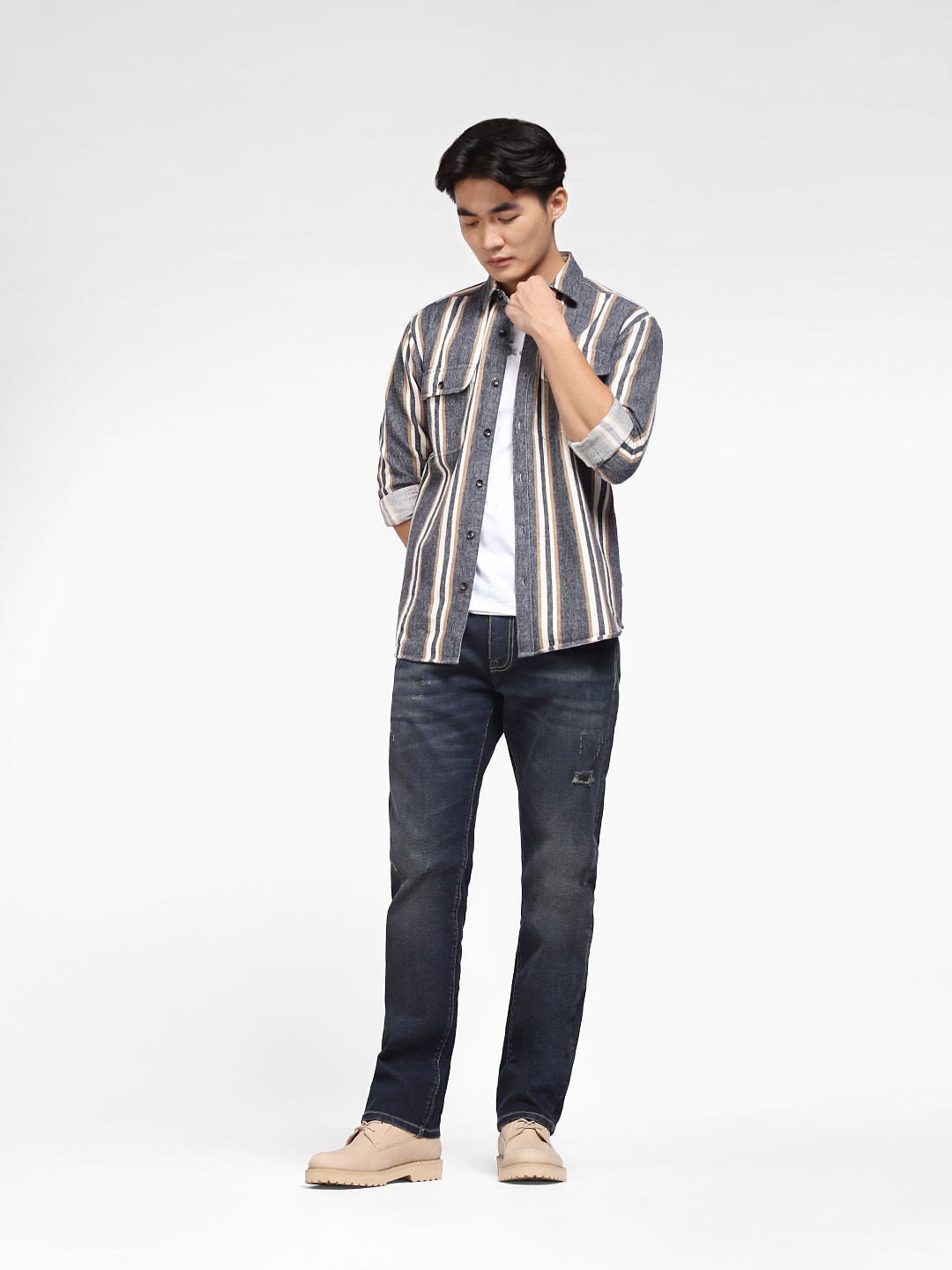 Dark Blue Mid Rise Distressed Regular Fit Jeans