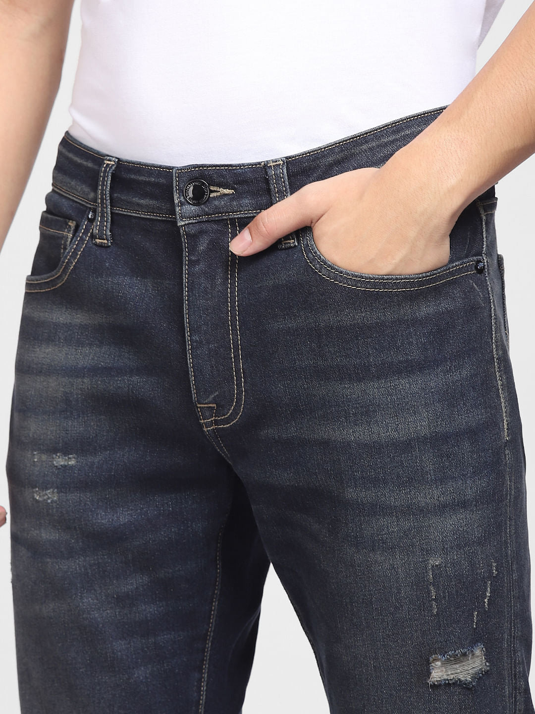 Dark Blue Mid Rise Distressed Regular Fit Jeans