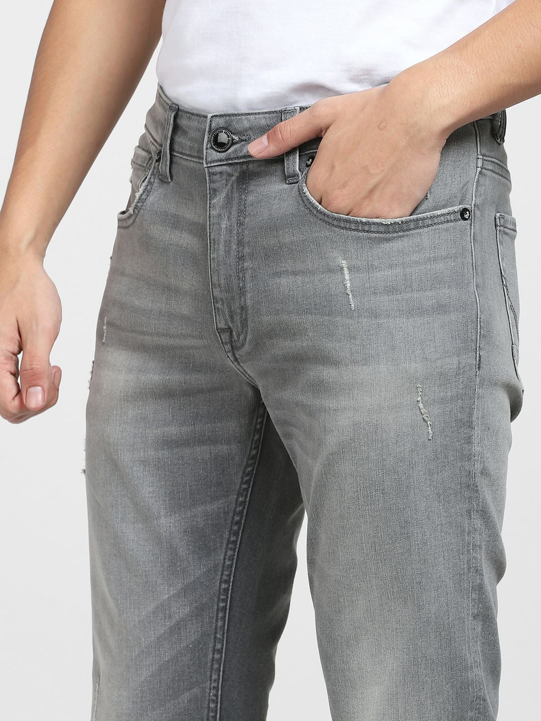 Grey Low Rise Distressed Ben Skinny Jeans