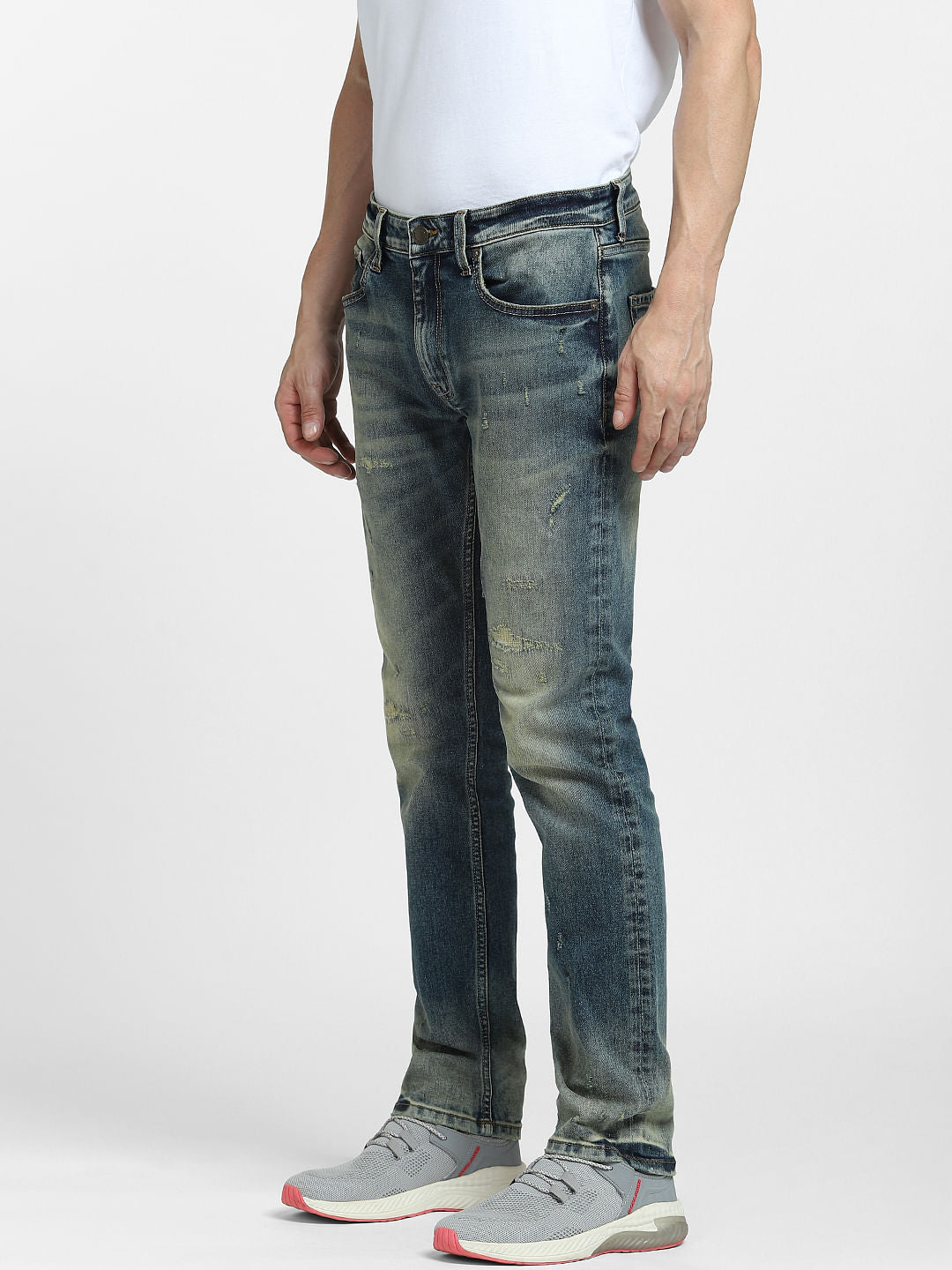 Blue Low Rise Distressed Tim Slim Jeans