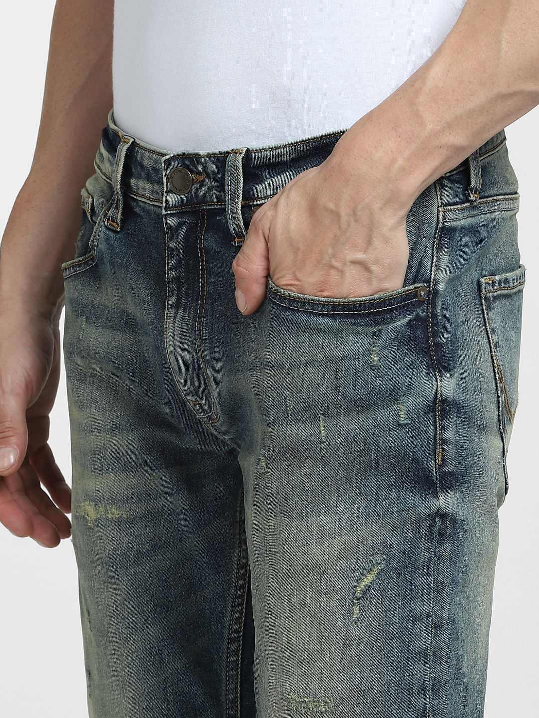 Blue Low Rise Distressed Tim Slim Jeans