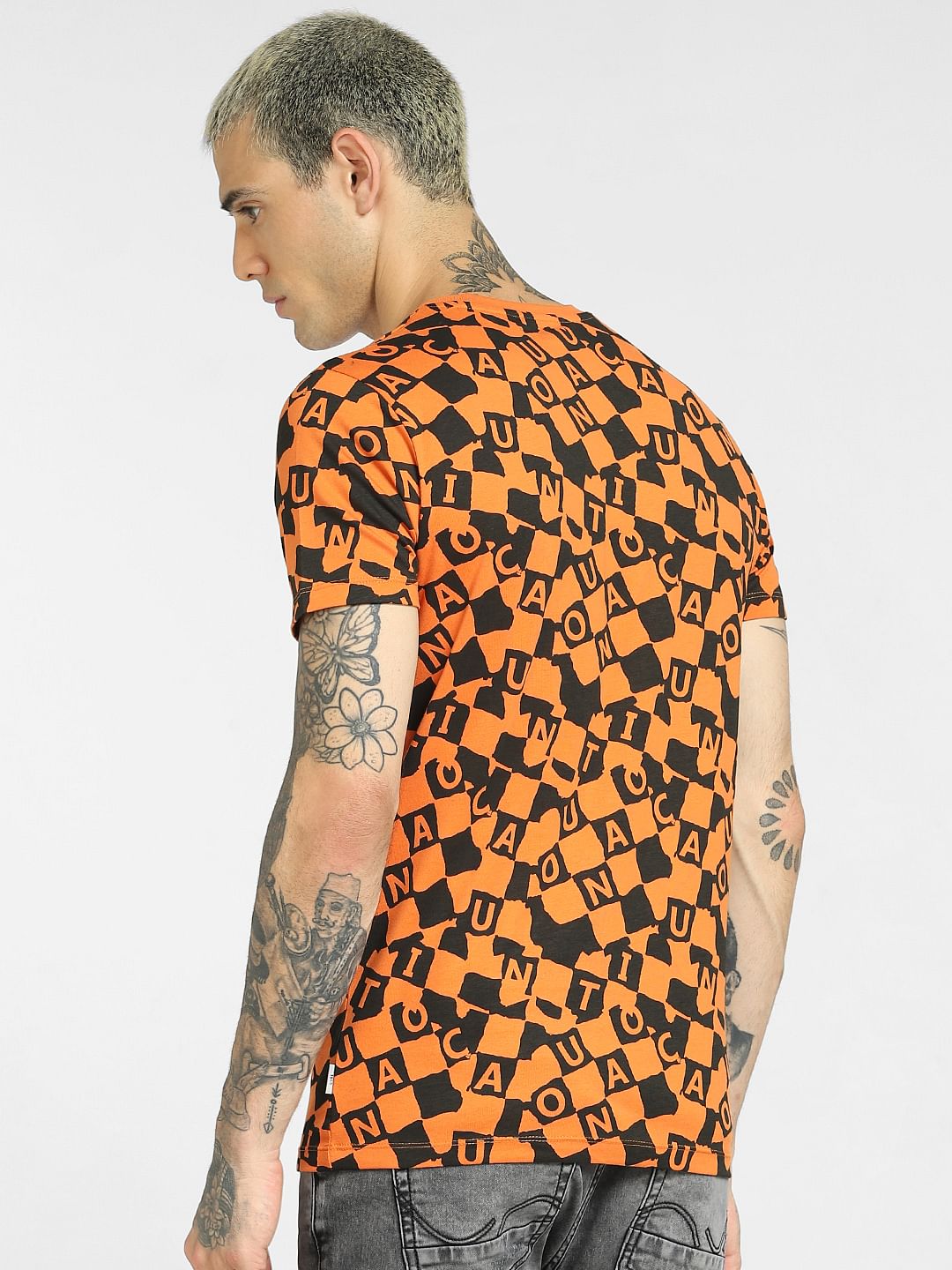 Orange All Over Print Crew Neck T-shirt