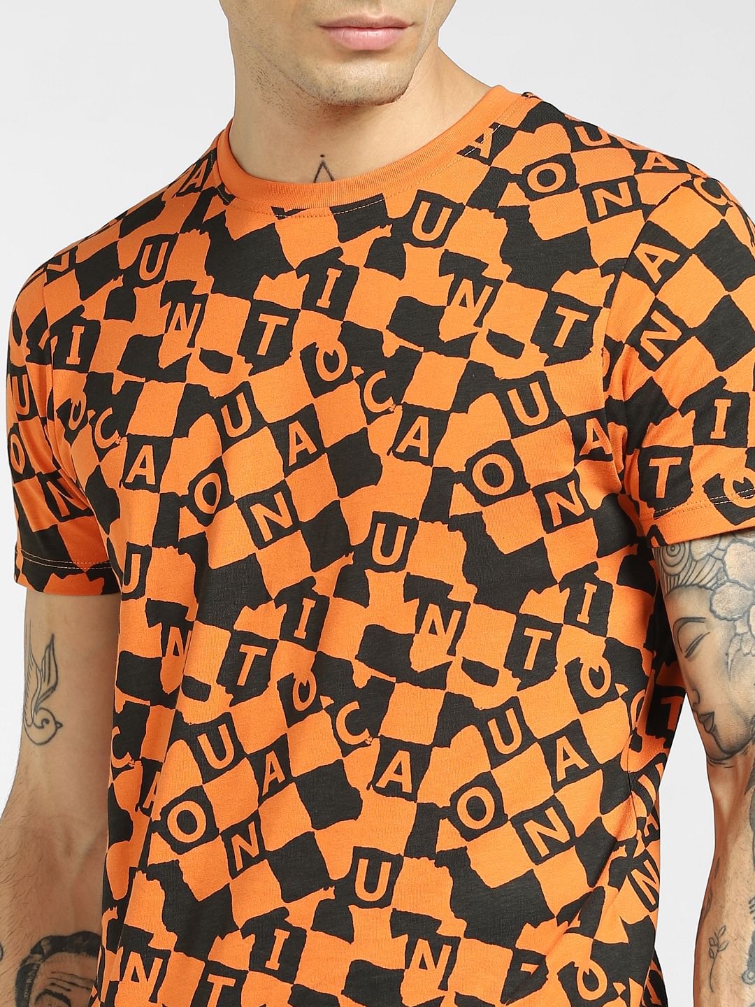 Orange All Over Print Crew Neck T-shirt