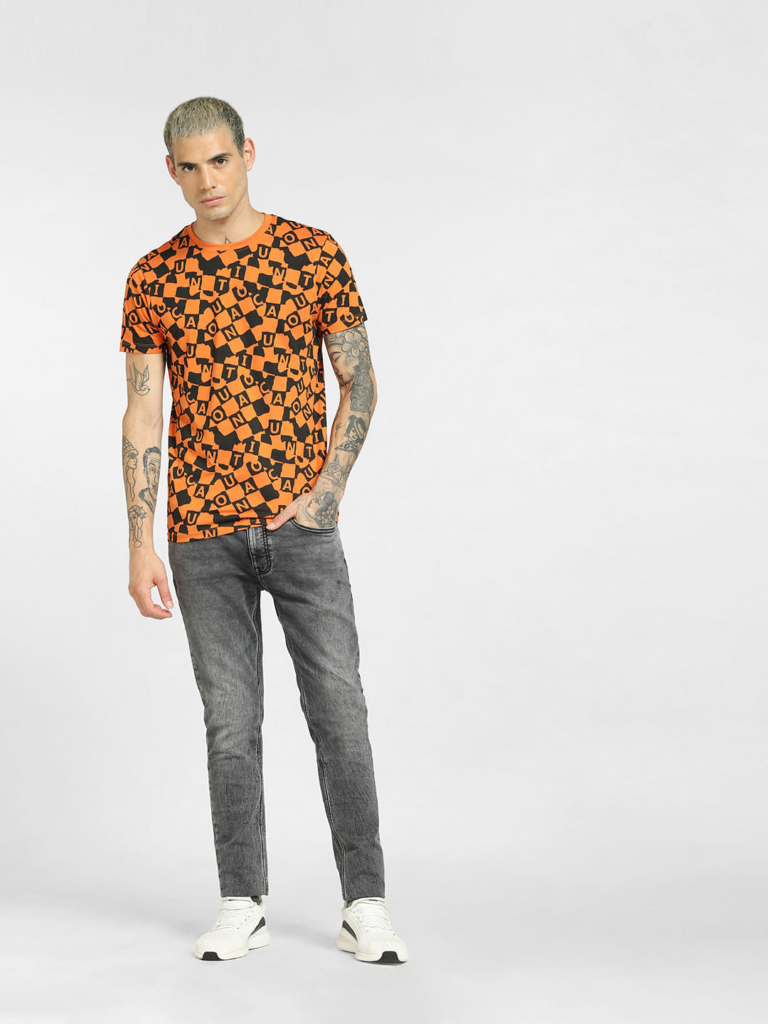 Orange All Over Print Crew Neck T-shirt
