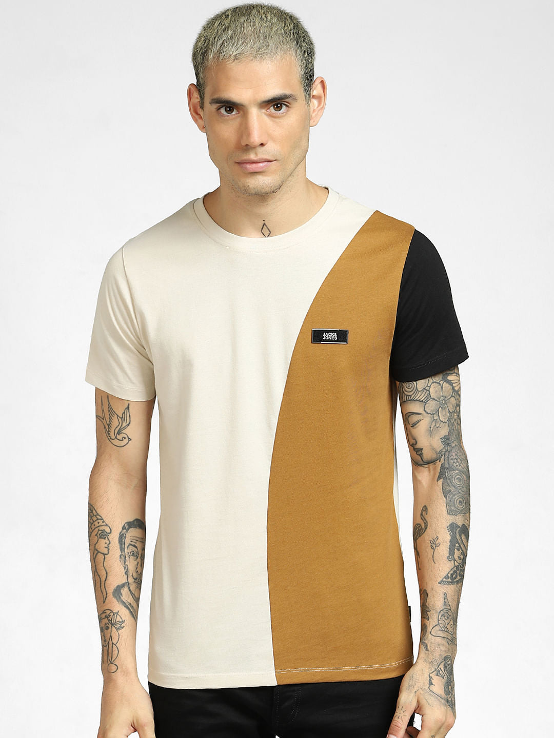 Brown Colourblocked Crew Neck T-shirt