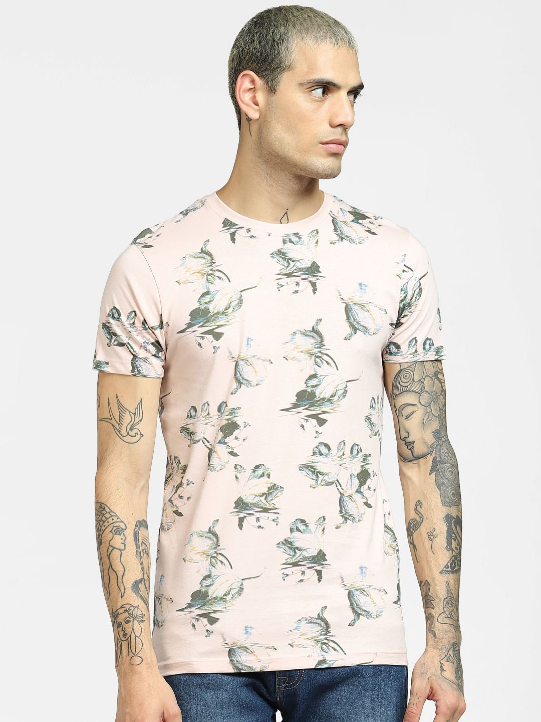 Pink Flora Print Crew Neck T-shirt