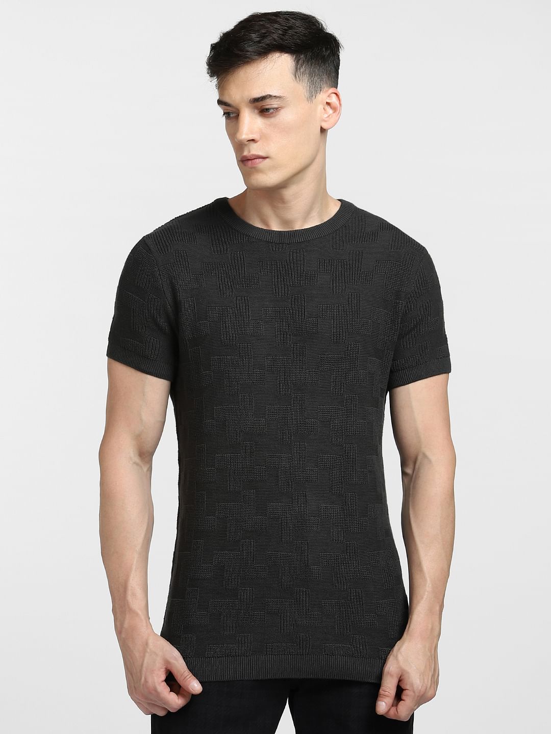 BLACK KNIT CREW NECK T-SHIRT